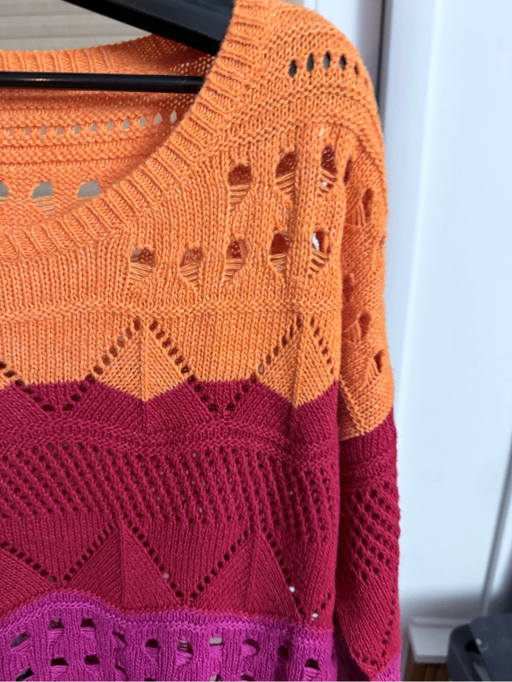Open-Knit Colorblock Crewneck Sweater in Orange, Pink, Red & Brown Cottagecore - Picture 7 of 10